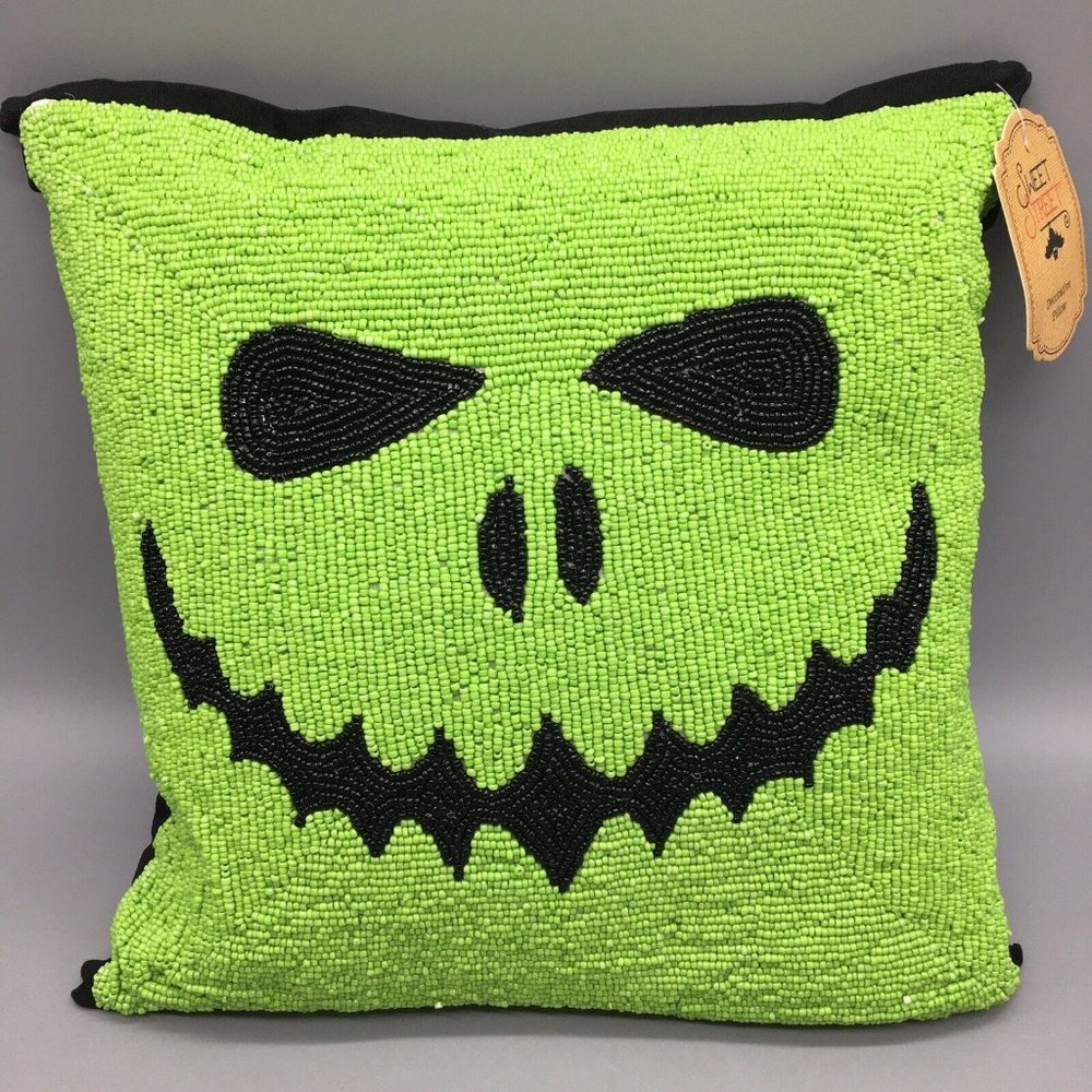 Sweet Street Halloween Beaded Throw Pillow Frankenstein Green Monster Ghoul 14"
